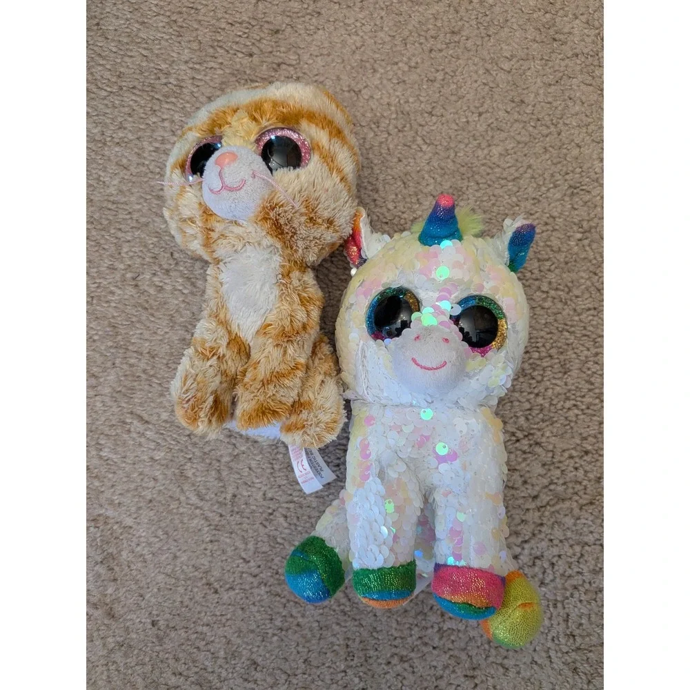 Ty Beanie Boos Tabitha Cat and Pixy Sequin Unicorn Plush Lot 6 inch Glitter Eyes